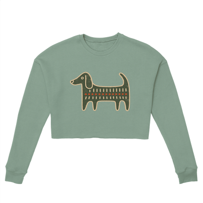 Retro Folk-Art Green Dog Women's Cropped Sweatshirt - Hobbster
