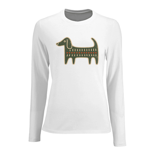 Retro Folk-Art Green Dog Women's Long Sleeve T-shirt - Hobbster