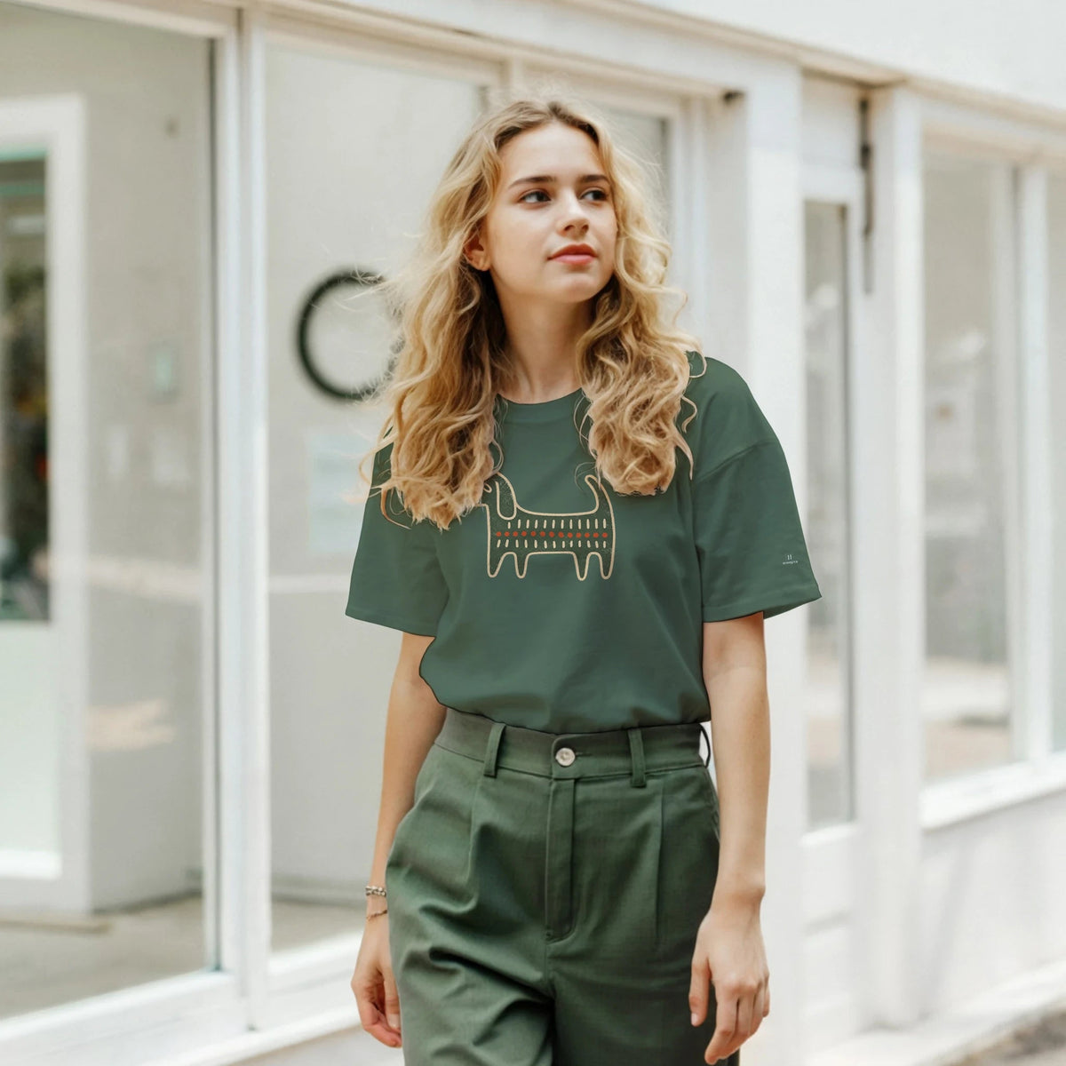 Retro Folk-Art Green Dog Women's T-shirt - Hobbster