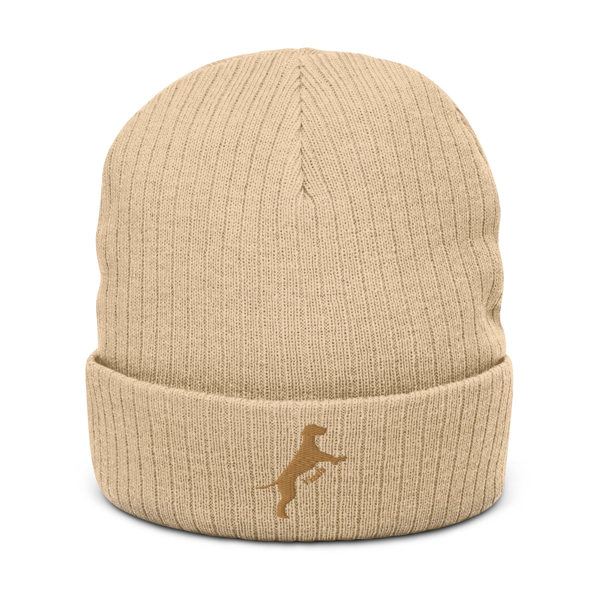 Ribbed beanie hat featuring embroidered Vizsla dog logo - Hobbster