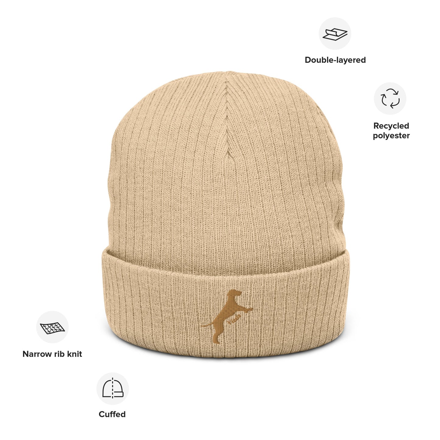 Ribbed beanie hat featuring embroidered Vizsla dog logo - Hobbster