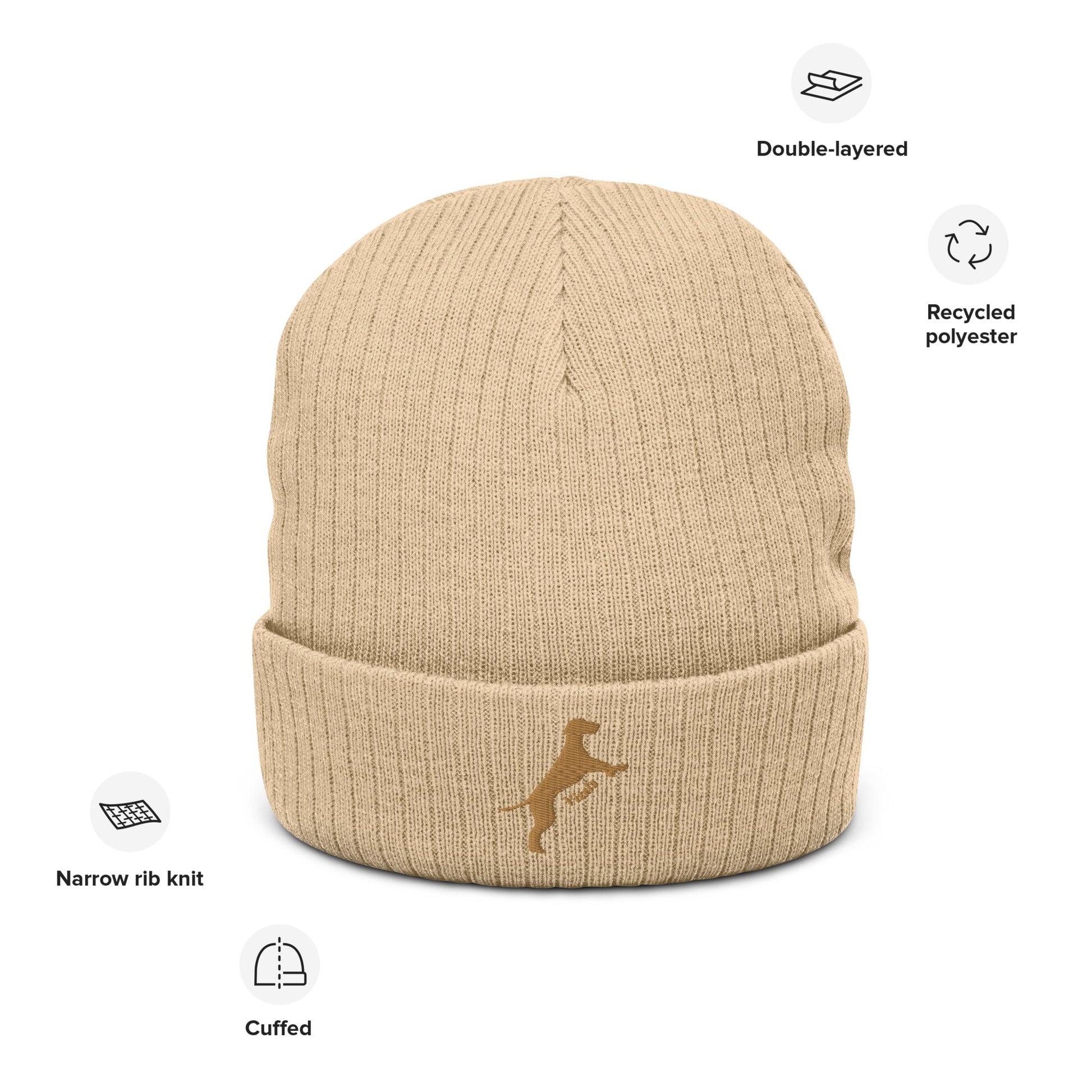 Ribbed beanie hat featuring embroidered Vizsla dog logo - Hobbster