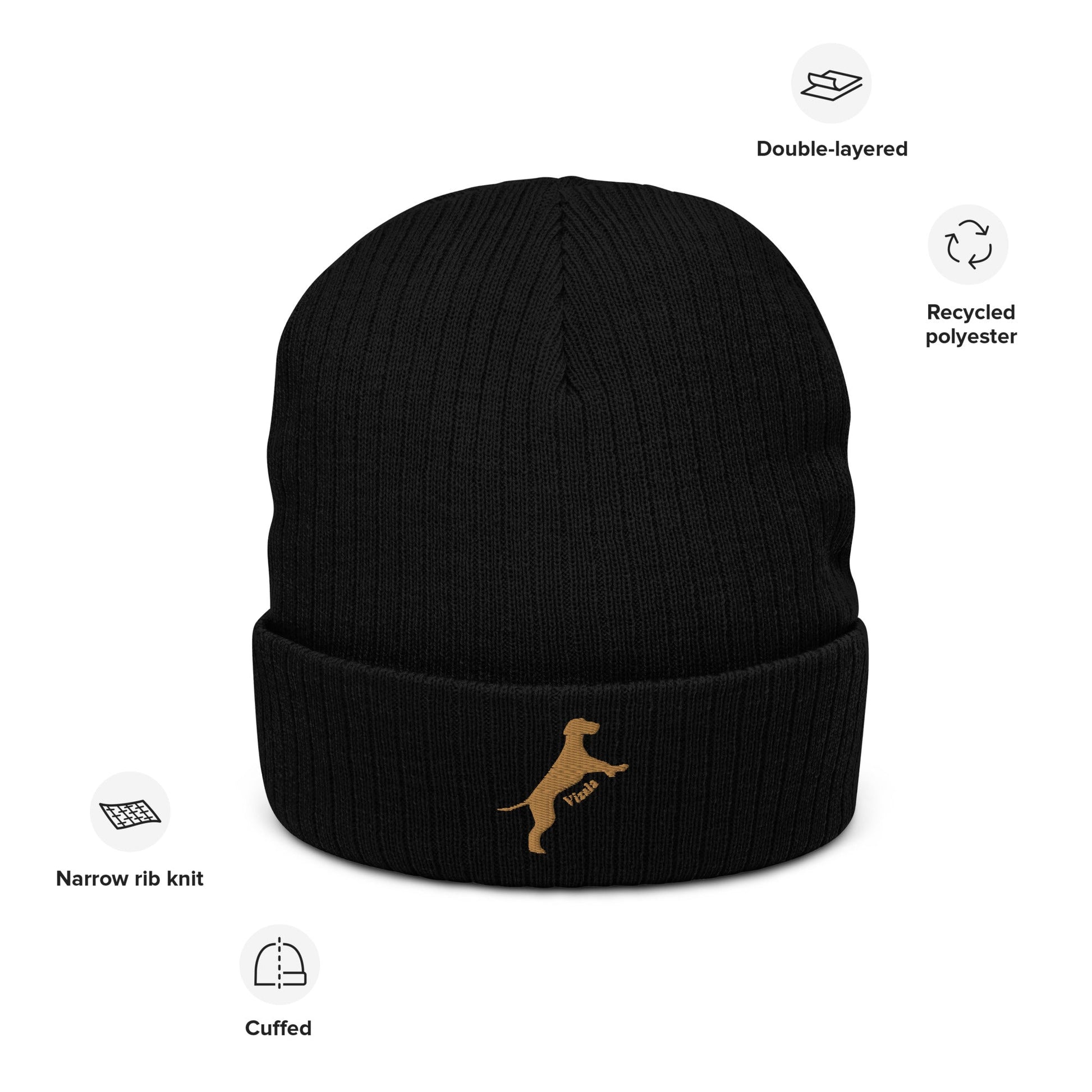 Ribbed beanie hat featuring embroidered Vizsla dog logo - Hobbster