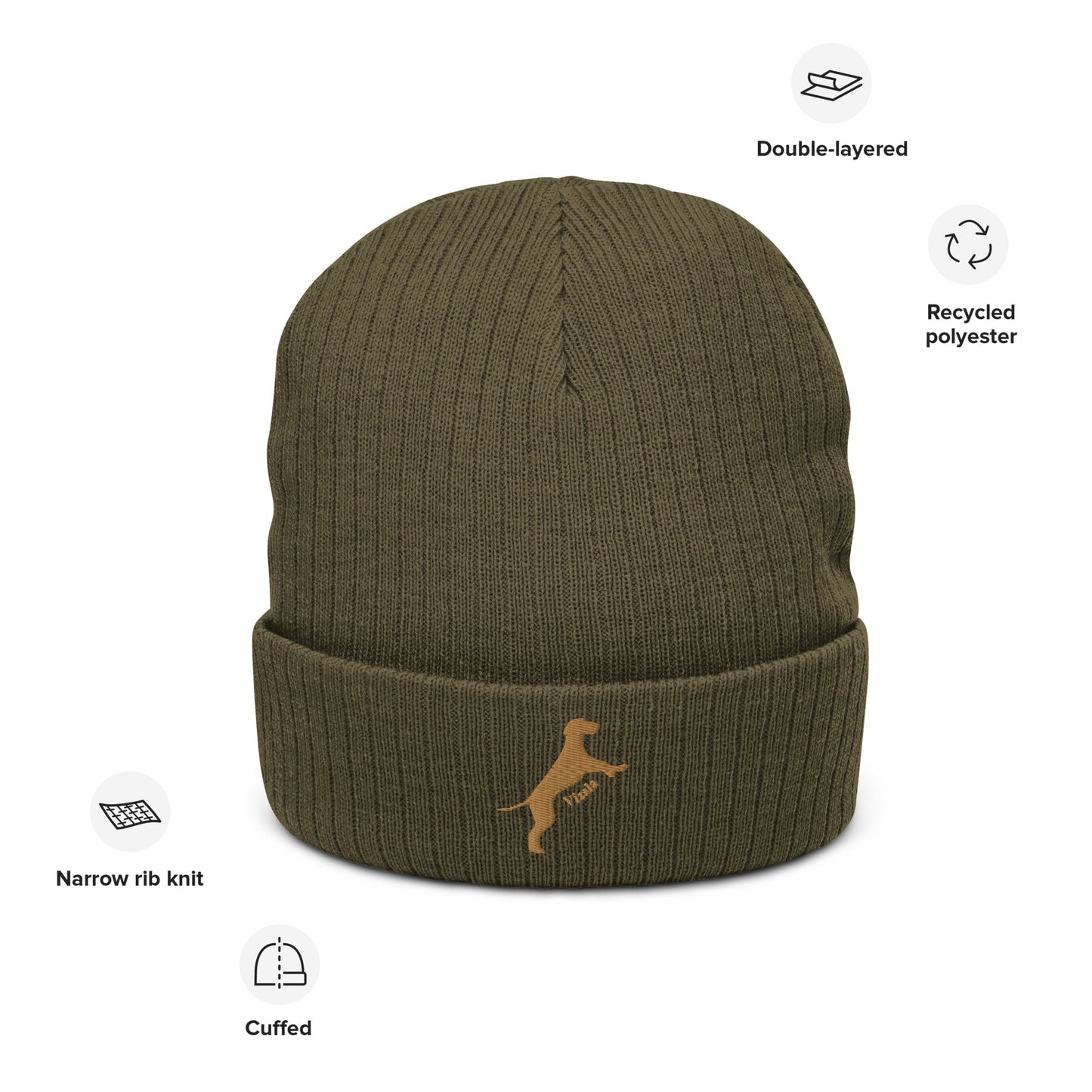 Ribbed beanie hat featuring embroidered Vizsla dog logo - Hobbster
