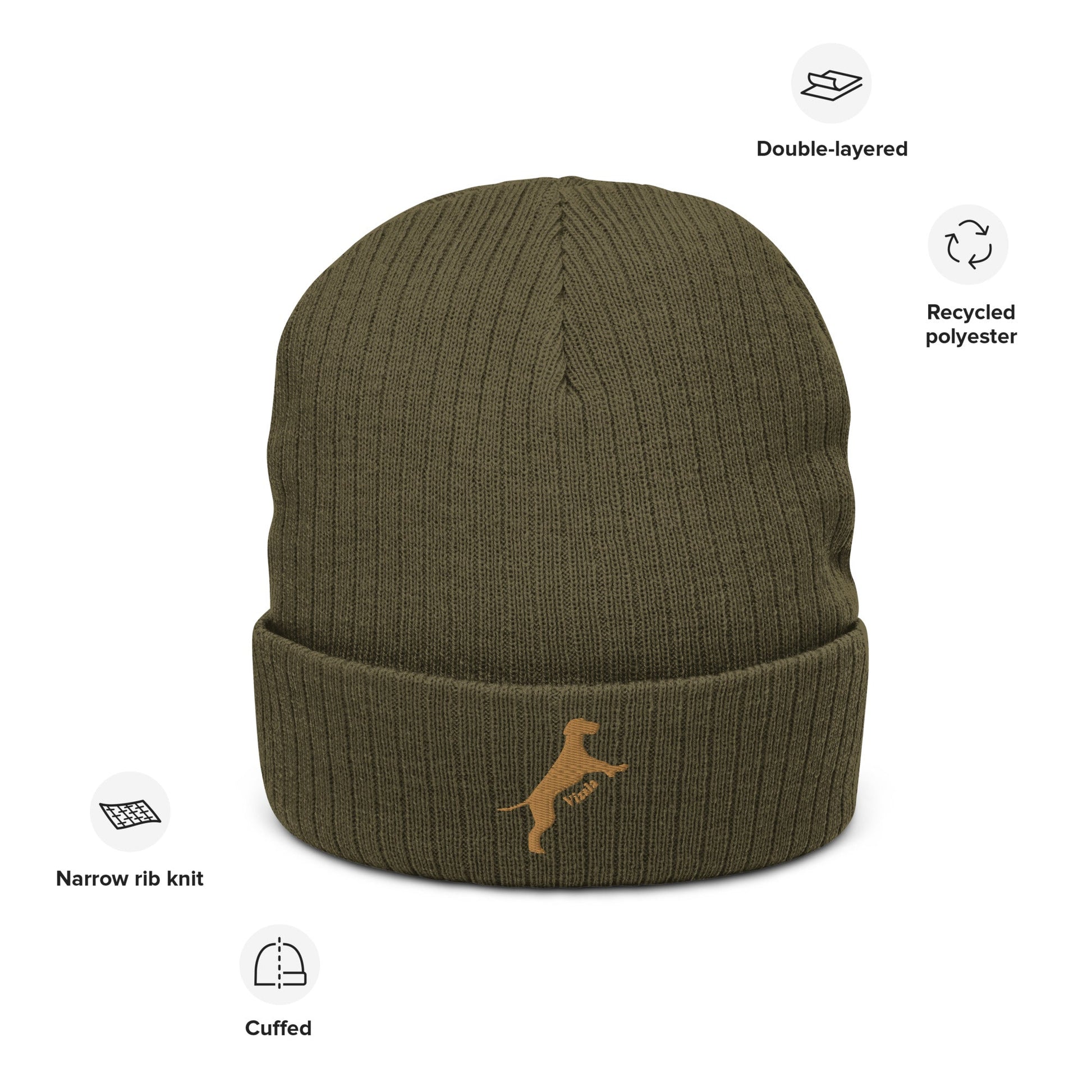 Ribbed beanie hat featuring embroidered Vizsla dog logo - Hobbster