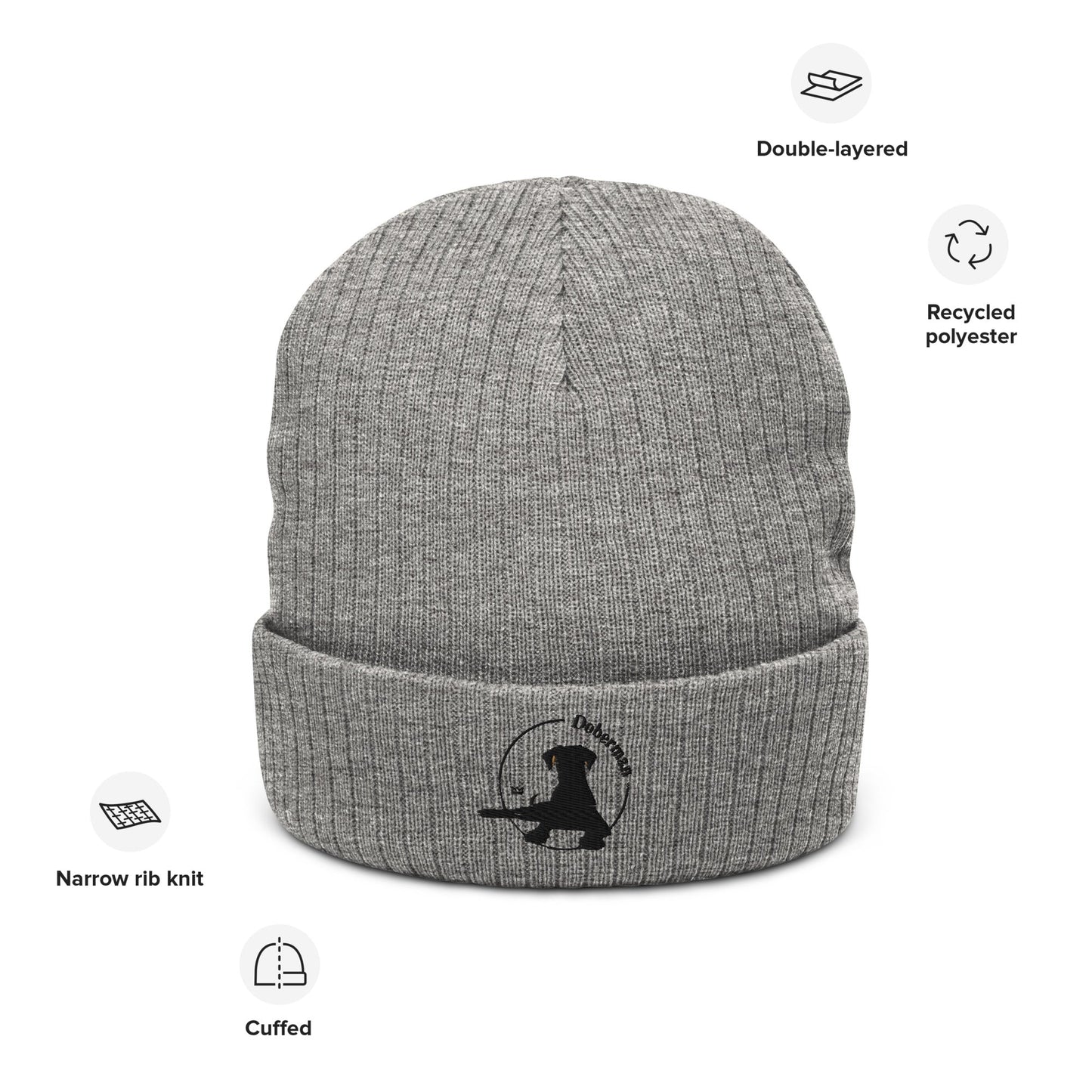 Ribbed Knit Beanie Featuring an Embroidered Doberman Logo - Hobbster