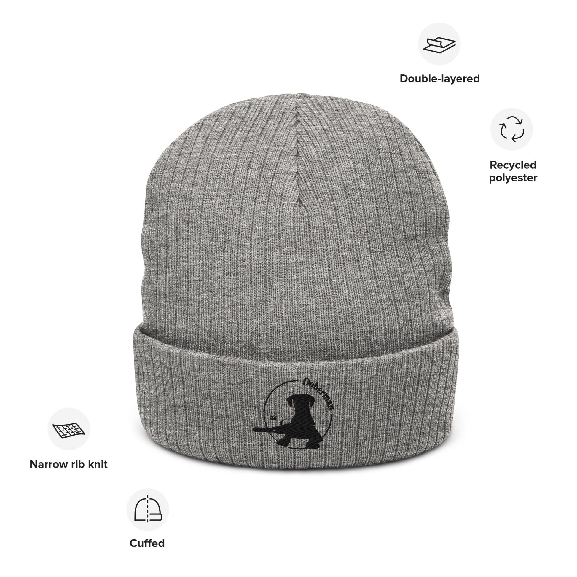Ribbed Knit Beanie Featuring an Embroidered Doberman Logo - Hobbster