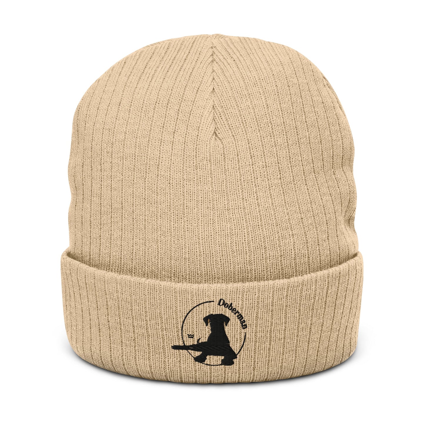 Ribbed Knit Beanie Featuring an Embroidered Doberman Logo - Hobbster