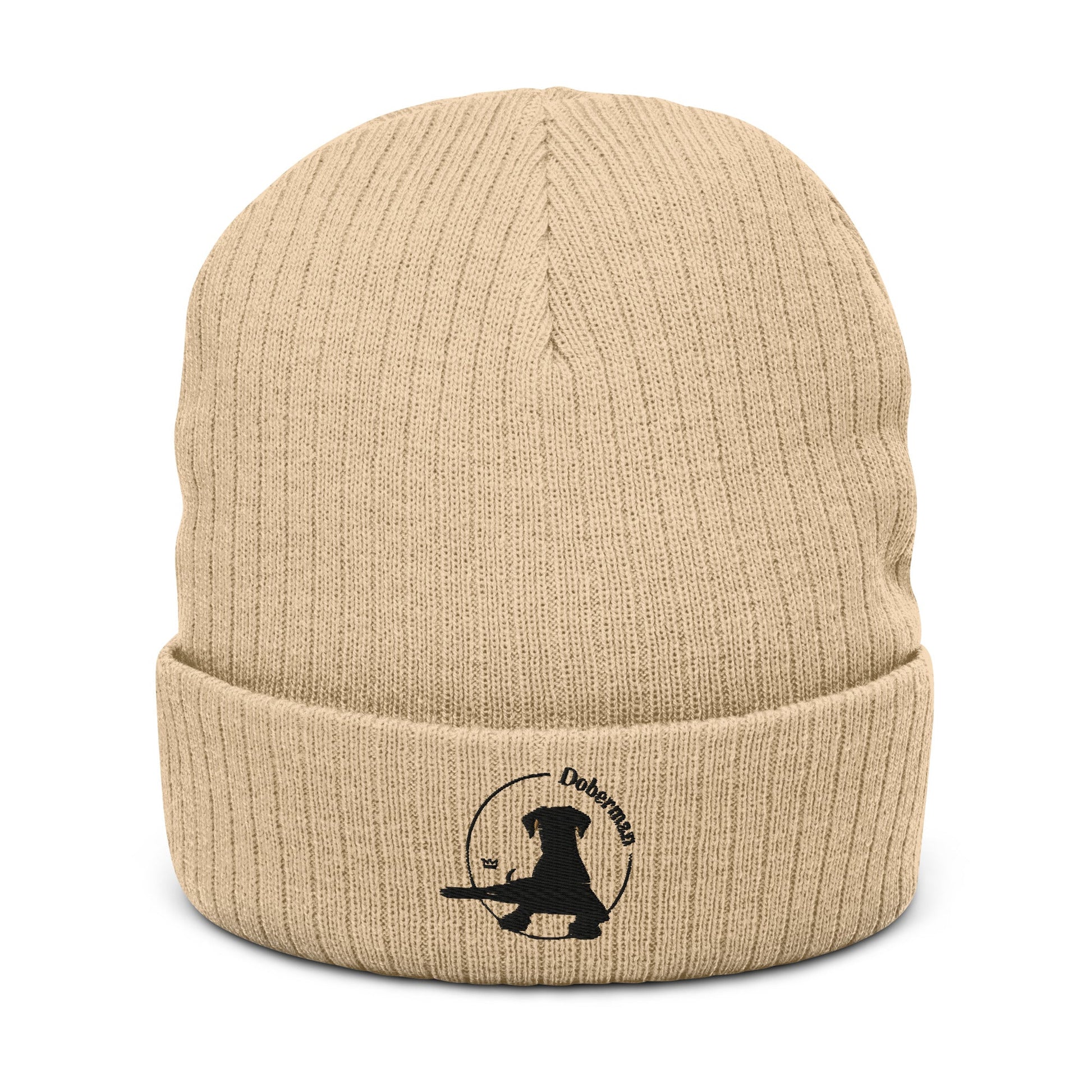 Ribbed Knit Beanie Featuring an Embroidered Doberman Logo - Hobbster