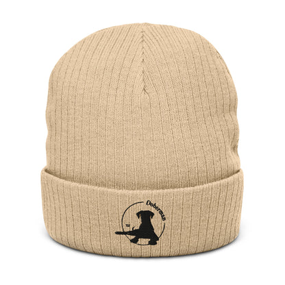 Ribbed Knit Beanie Featuring an Embroidered Doberman Logo - Hobbster