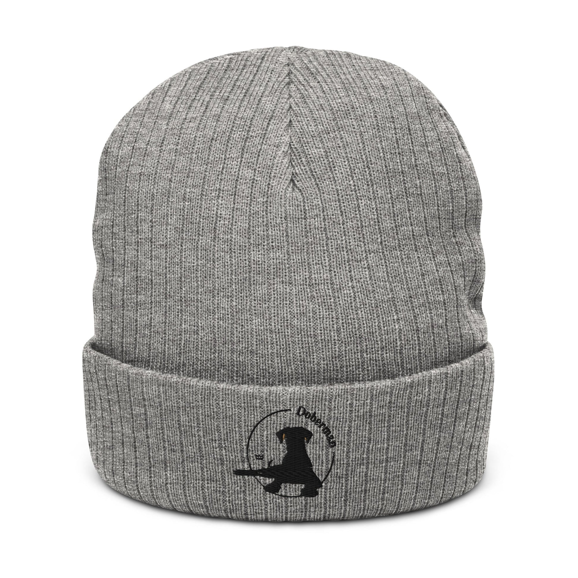Ribbed Knit Beanie Featuring an Embroidered Doberman Logo - Hobbster