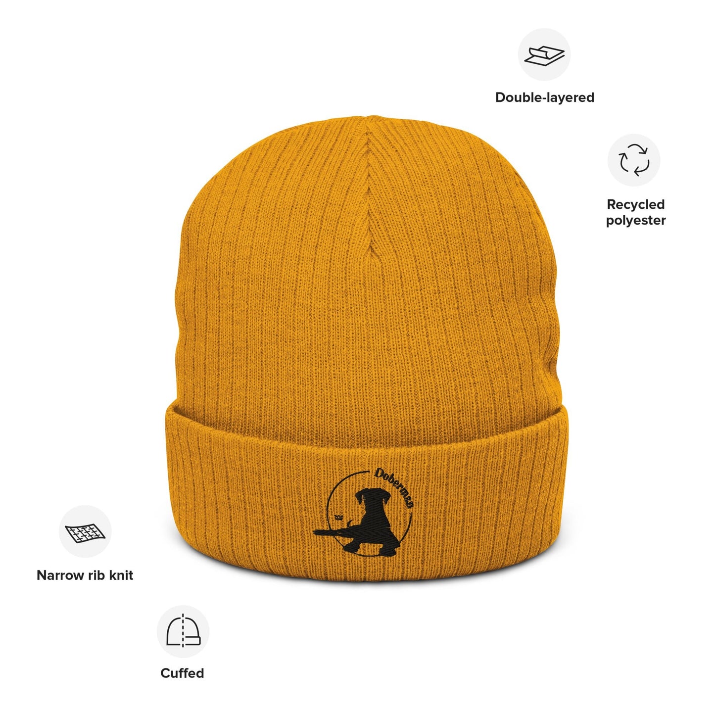 Ribbed Knit Beanie Featuring an Embroidered Doberman Logo - Hobbster