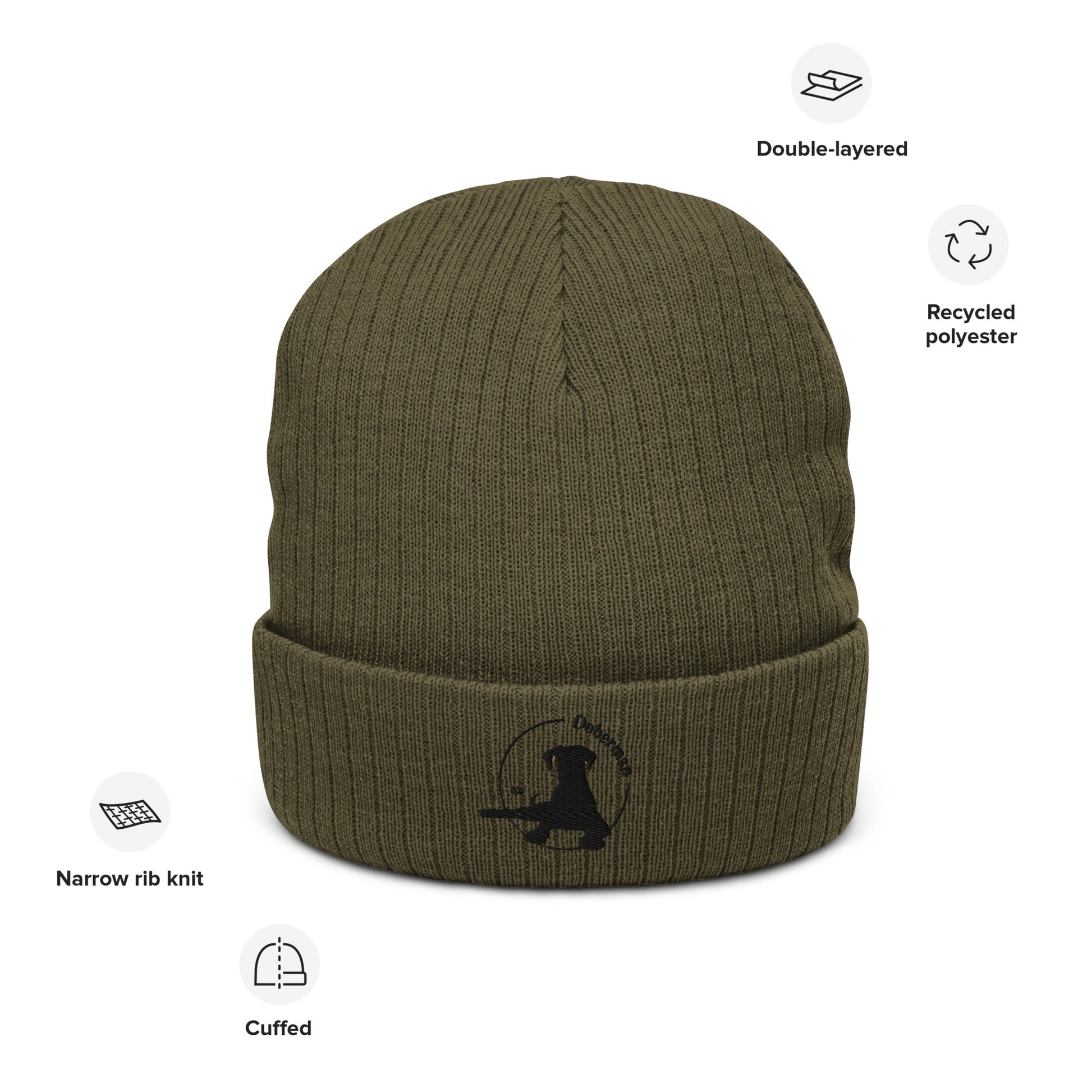 Ribbed Knit Beanie Featuring an Embroidered Doberman Logo - Hobbster