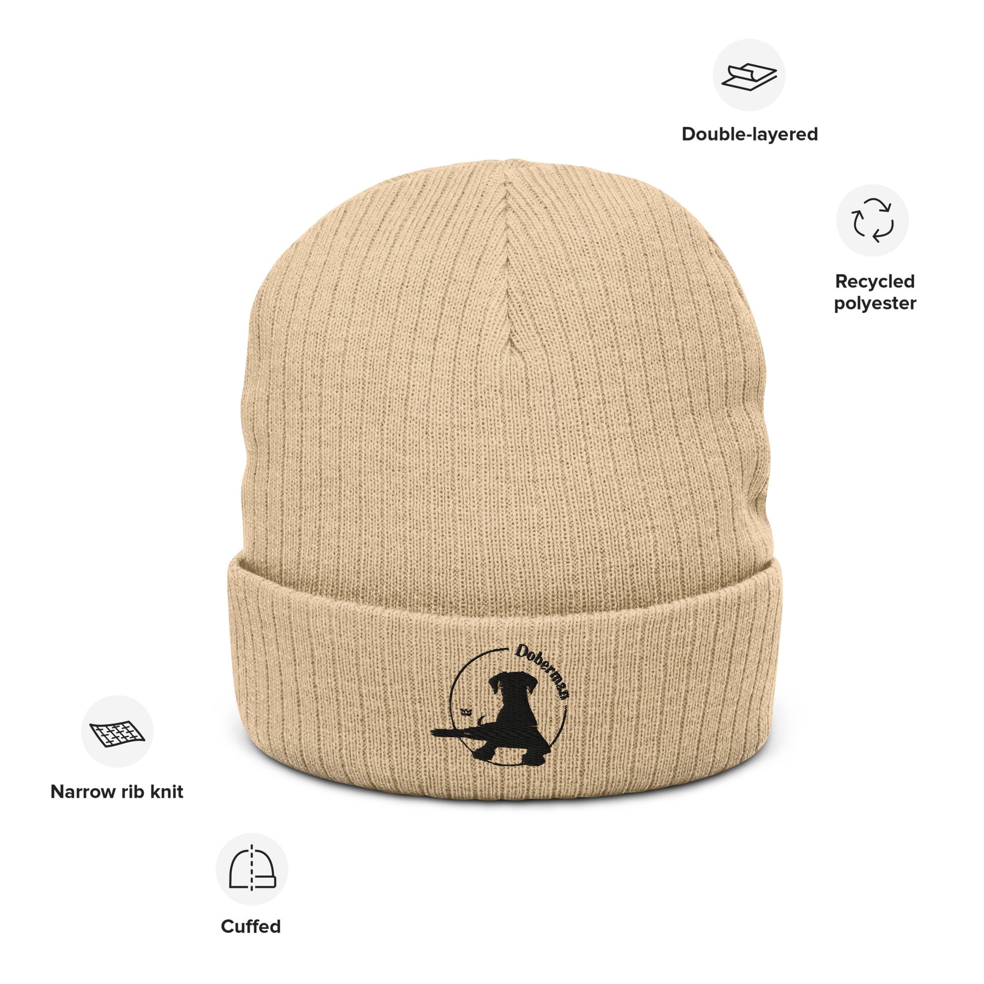 Ribbed Knit Beanie Featuring an Embroidered Doberman Logo - Hobbster