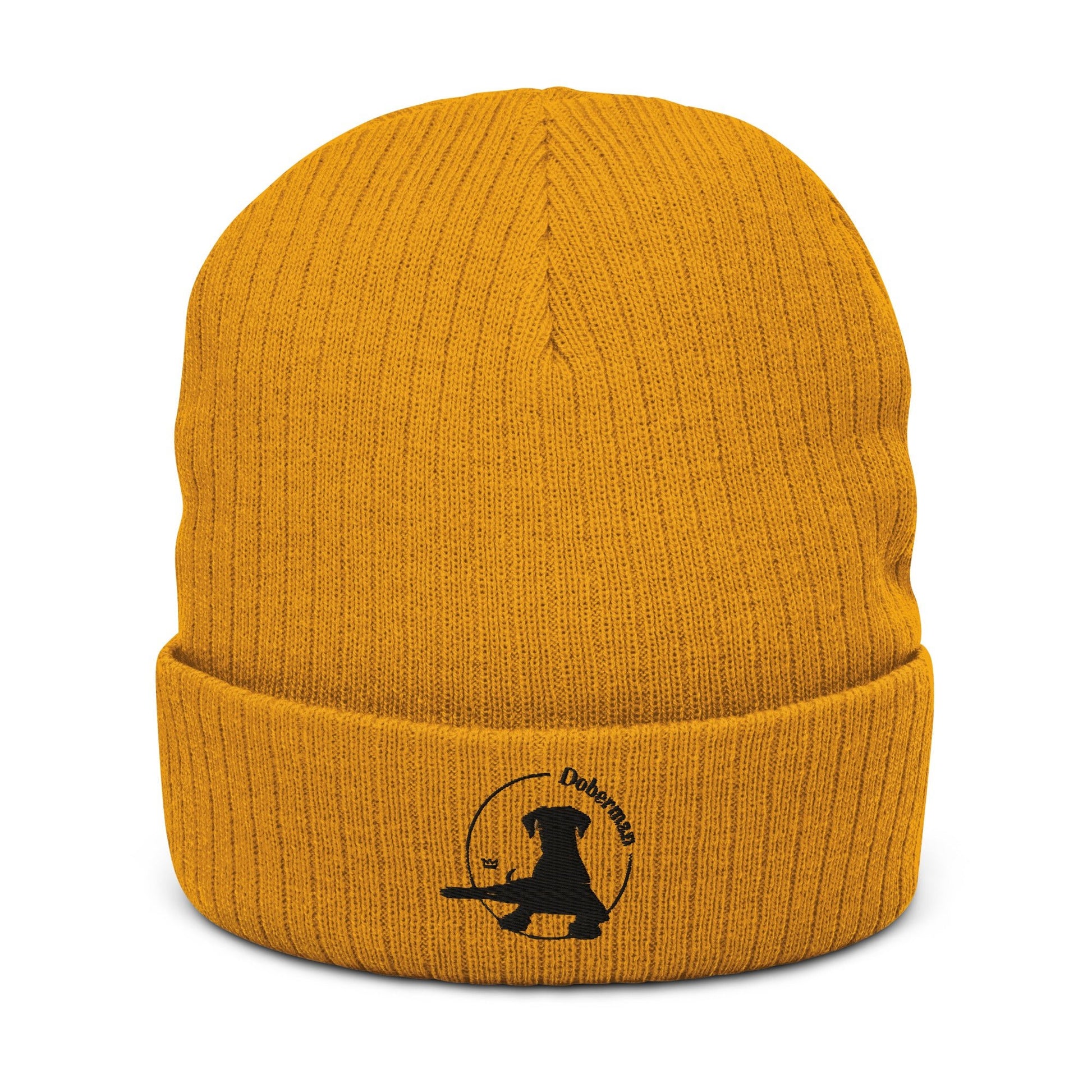 Ribbed Knit Beanie Featuring an Embroidered Doberman Logo - Hobbster