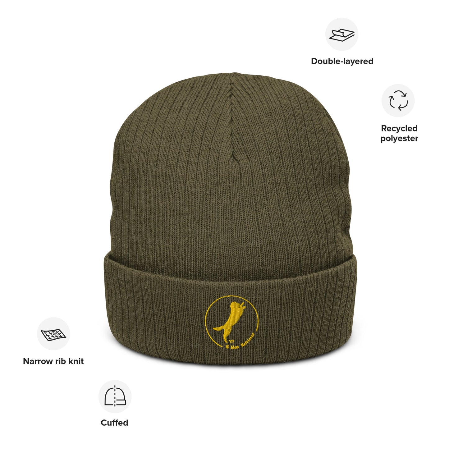 Ribbed Knit Beanie Featuring Embroidered Golden Retriever Logo - Hobbster