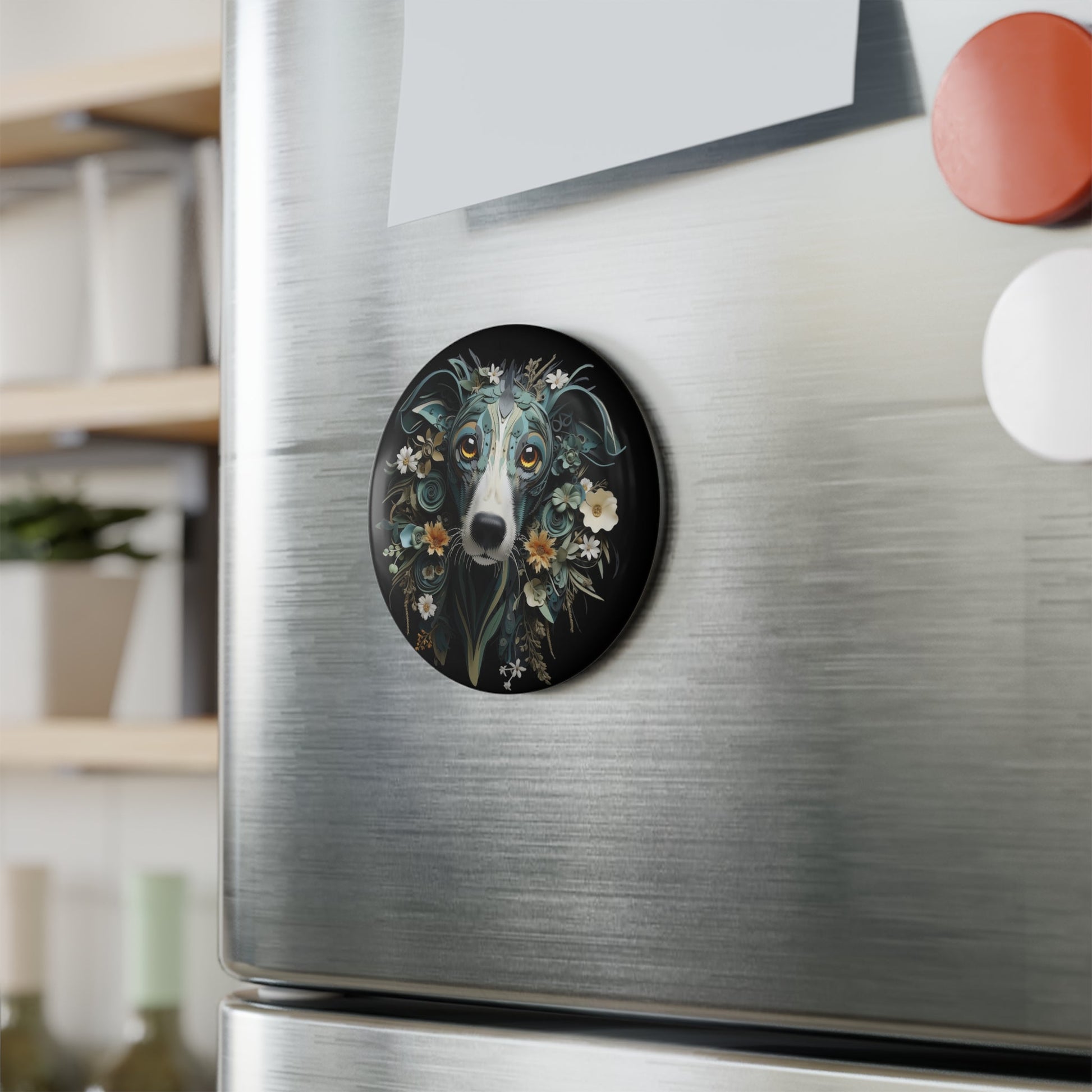 Round Button Fridge Magnet featuring a Greyhound Paper Quilling Design [2.25"] - Hobbster