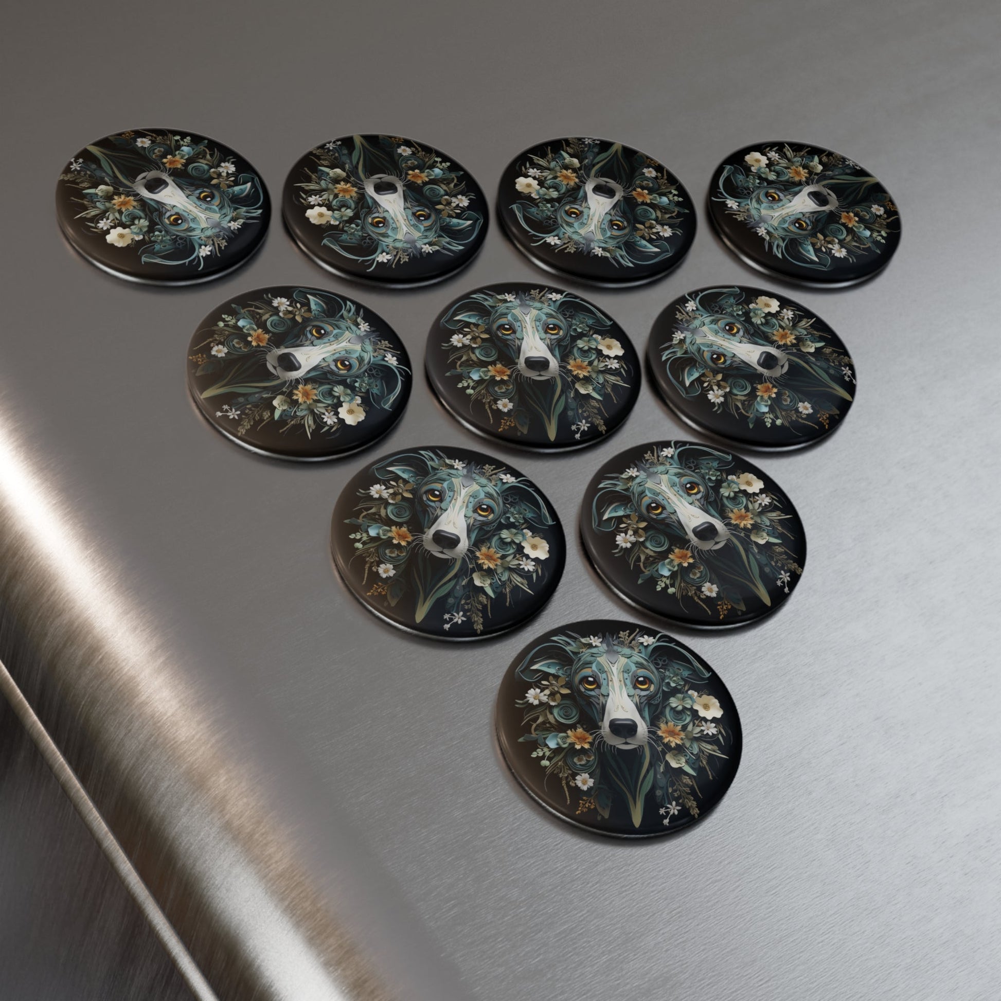 Round Button Fridge Magnet featuring a Greyhound Paper Quilling Design [2.25"] - Hobbster