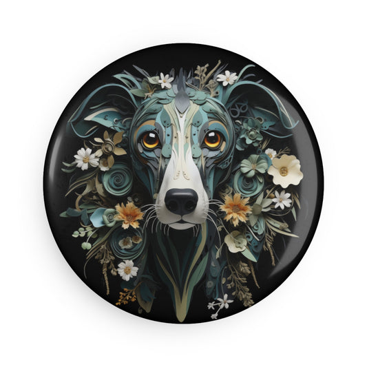 Round Button Fridge Magnet featuring a Greyhound Paper Quilling Design [2.25"] - Hobbster