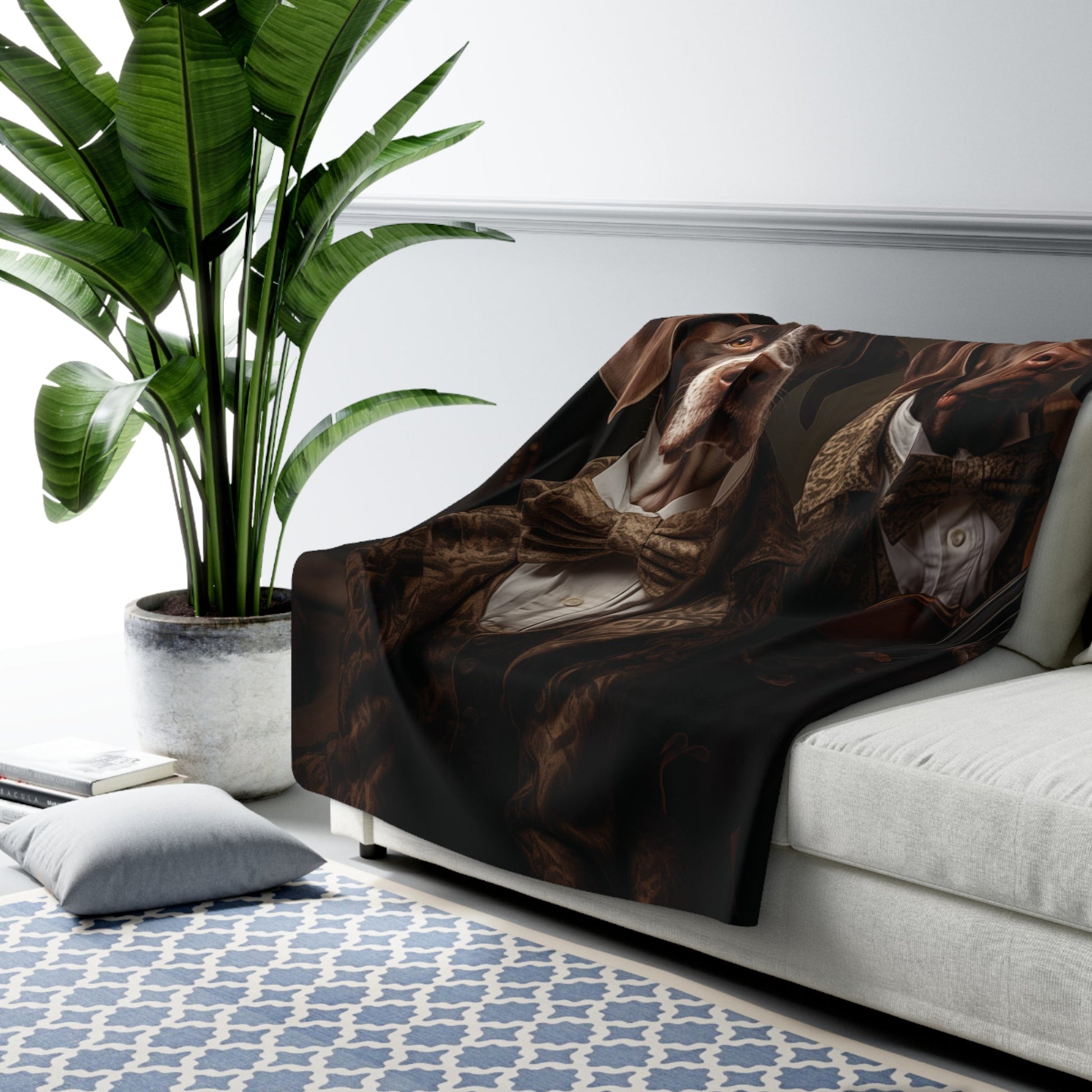 Sherpa Fleece Blanket in White with vintage German Short Haired Pointer design - Hobbster