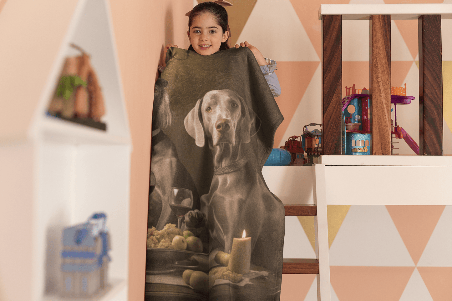 Sherpa Fleece Blanket in White with vintage Weimaraner design 50"x60" - Hobbster