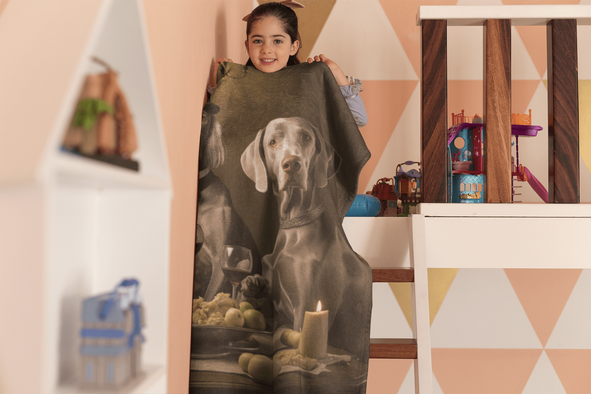 Sherpa Fleece Blanket in White with vintage Weimaraner design 50"x60" - Hobbster