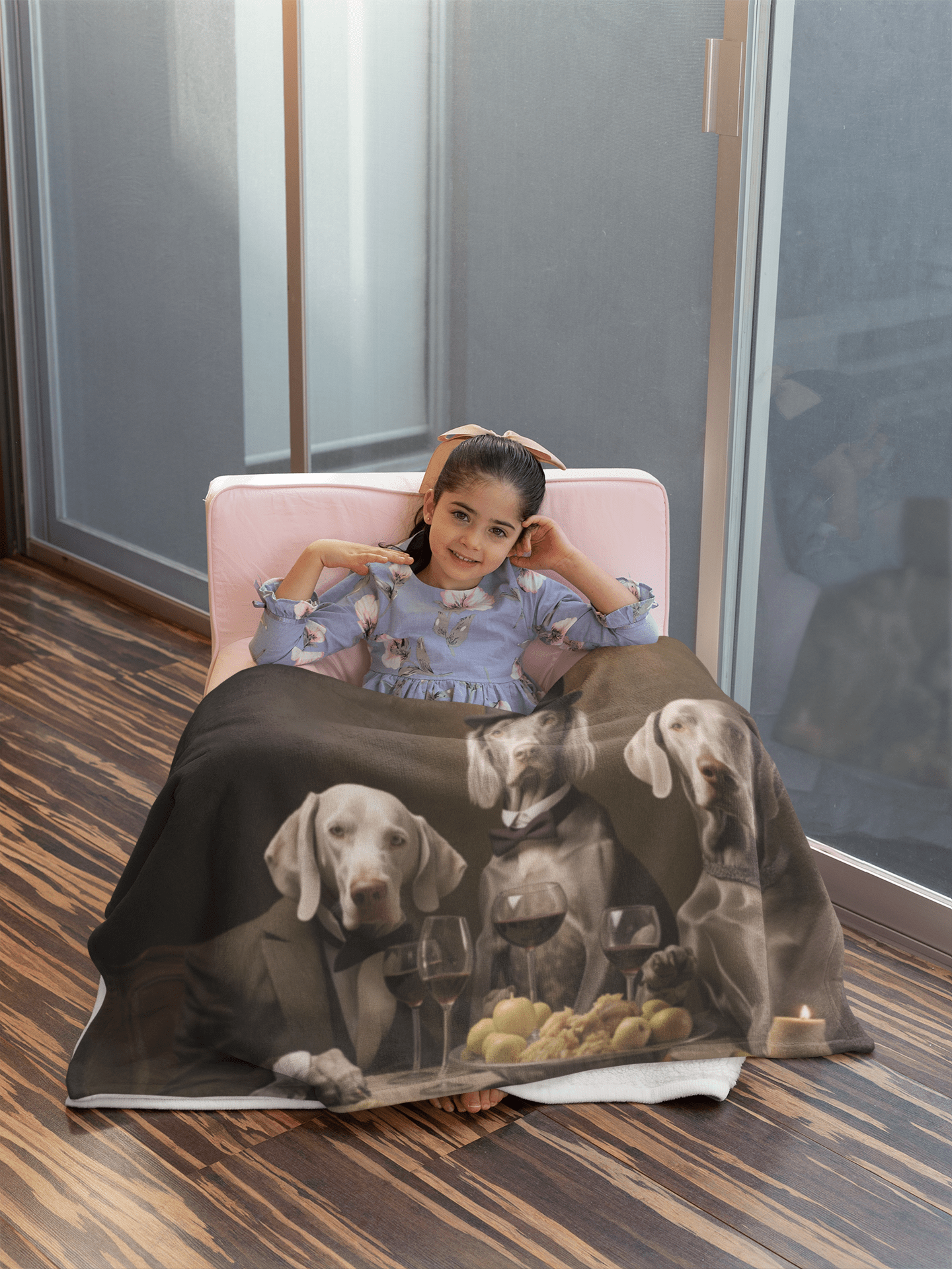 Sherpa Fleece Blanket in White with vintage Weimaraner design 50"x60" - Hobbster