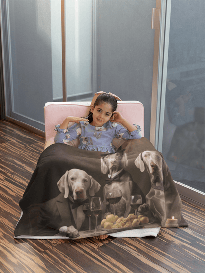 Sherpa Fleece Blanket in White with vintage Weimaraner design 50"x60" - Hobbster