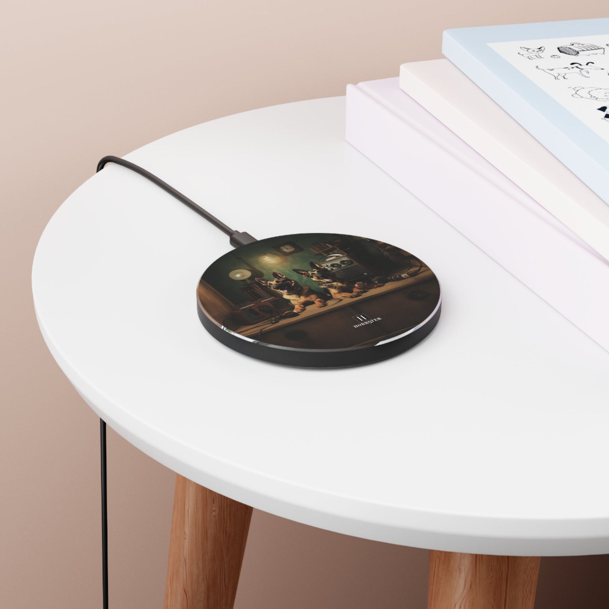 Spoke Wireless 10W Charger featuring a vintage German Shepherd design [3.93" w x 0.3" h] - Hobbster