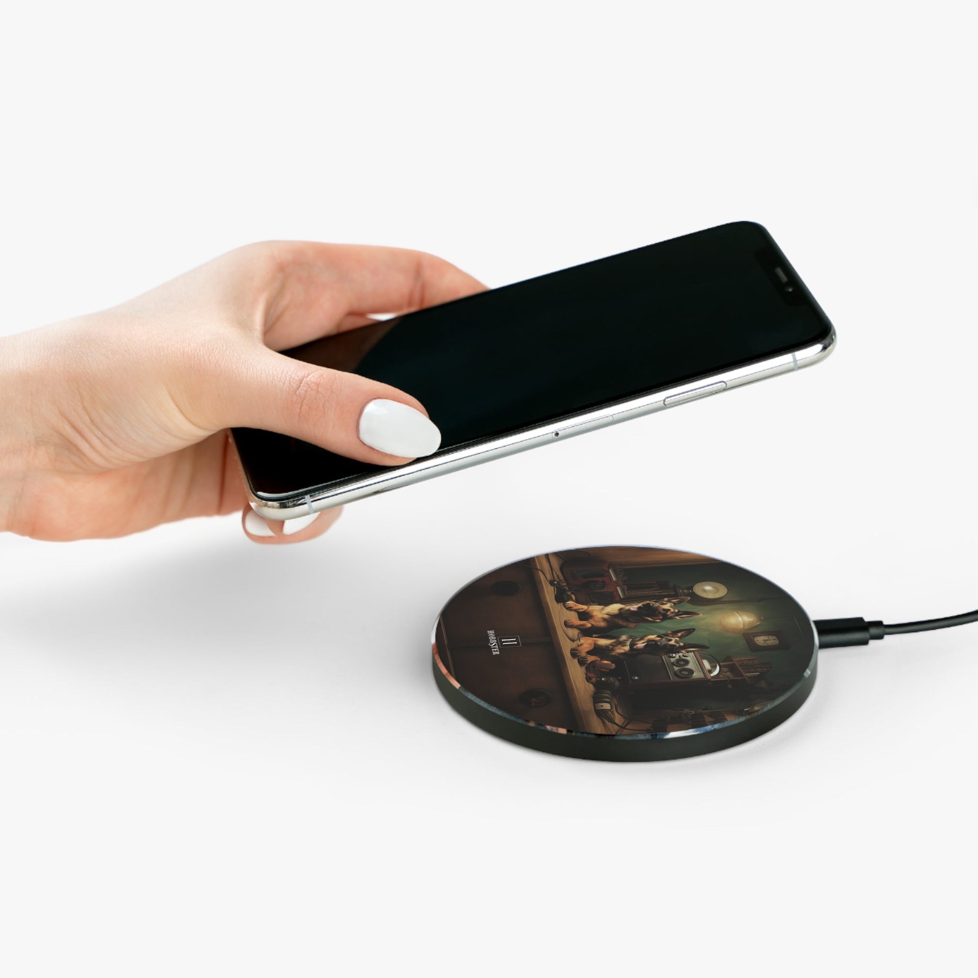 Spoke Wireless 10W Charger featuring a vintage German Shepherd design [3.93" w x 0.3" h] - Hobbster