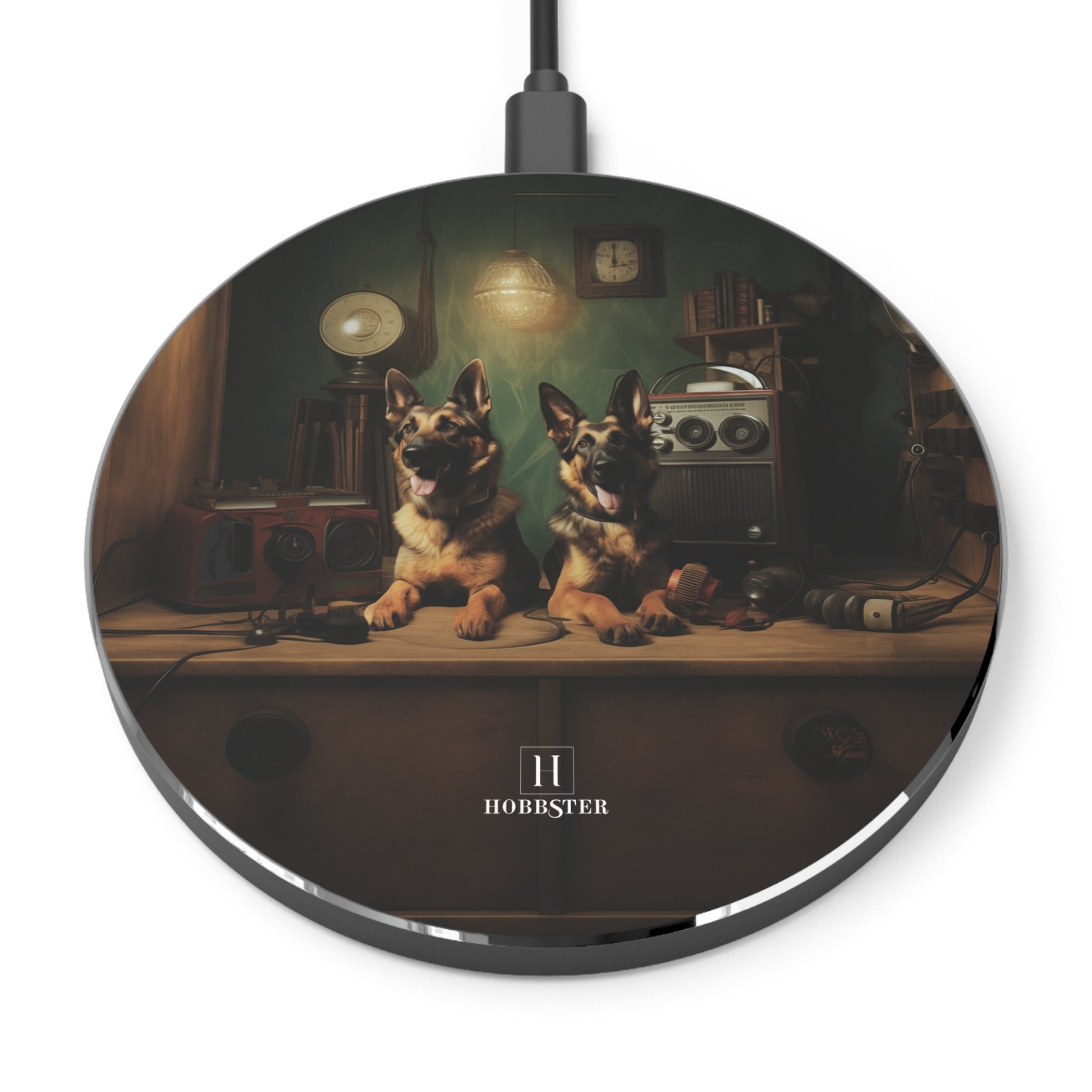 Spoke Wireless 10W Charger featuring a vintage German Shepherd design [3.93" w x 0.3" h] - Hobbster