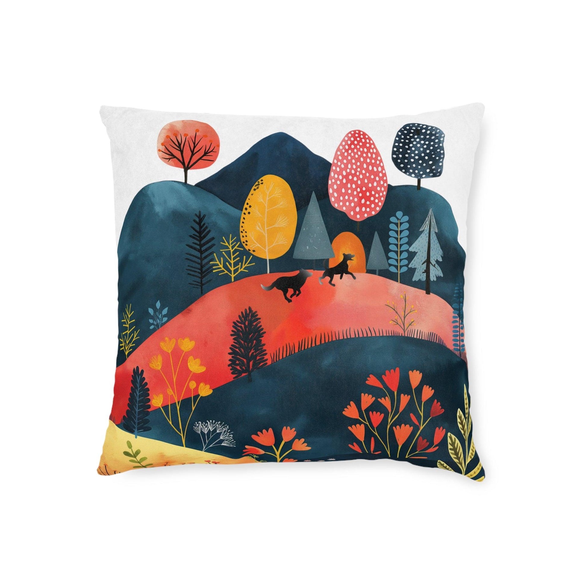 Square Pillow featuring Cottage Core Dogs Running Free Design - Hobbster