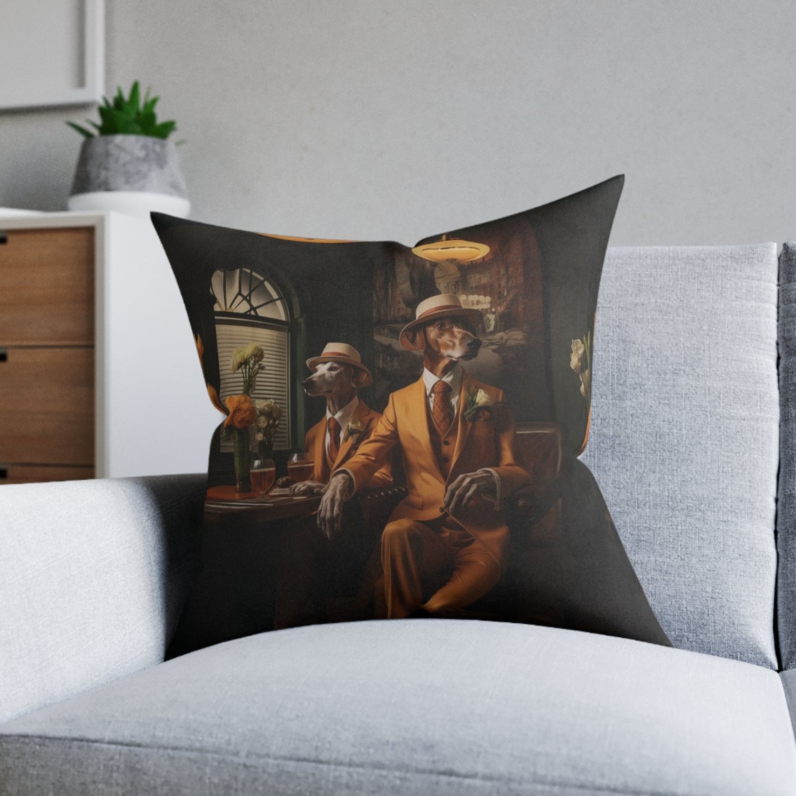 Square Pillow with Art Deco Greyhound Design - Hobbster