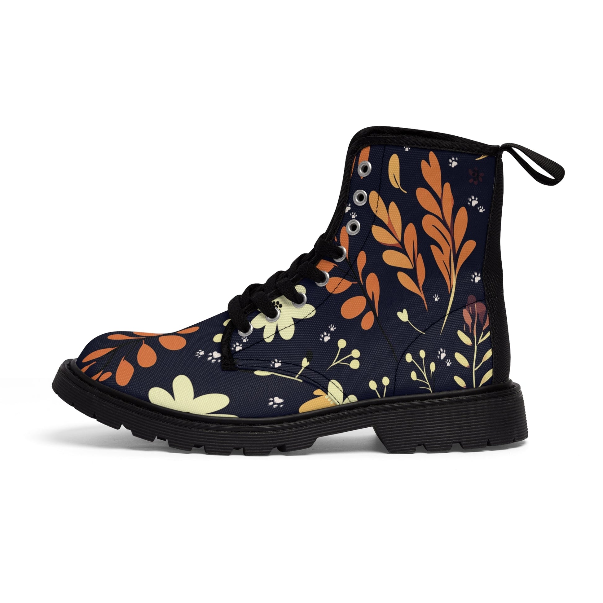 Women's Canvas Boots Featuring a Dark Blue Boho Flower and Paw Print Design - Hobbster