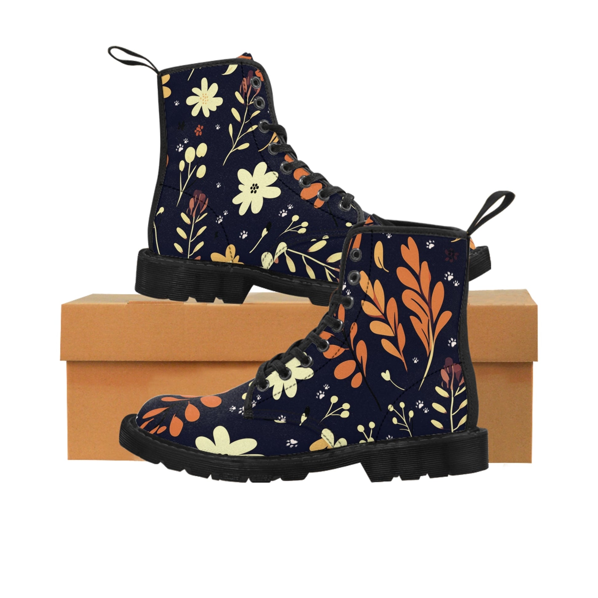 Women's Canvas Boots Featuring a Dark Blue Boho Flower and Paw Print Design - Hobbster