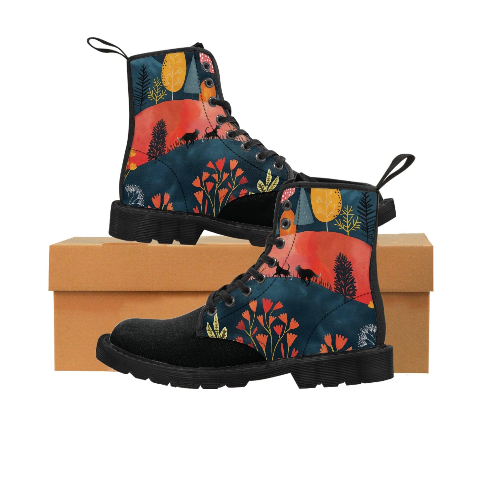 Women's Canvas Boots featuring Cottage Core Style Dogs Running Free Design - Hobbster