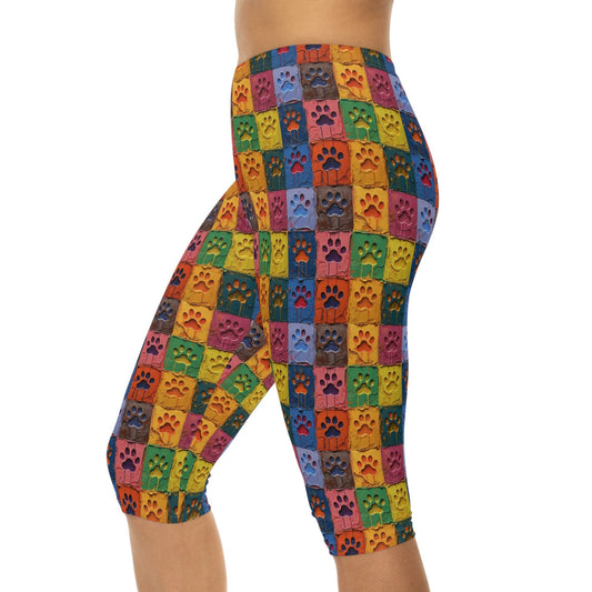 Women’s Capri Leggings Featuring Large Painted Paw Prints - Hobbster