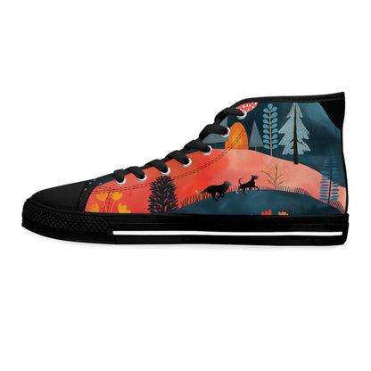 Women's High-Top Trainers featuring Cottage Core Style Dogs Running Free Design - Hobbster