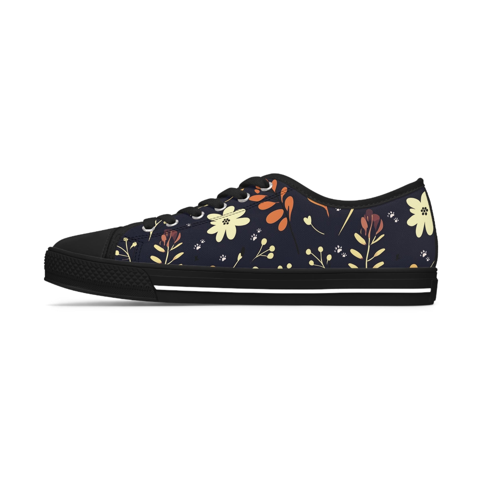 Women's Low-Top Trainers featuring Dark Blue Boho Flower & Paw Print Design - Hobbster