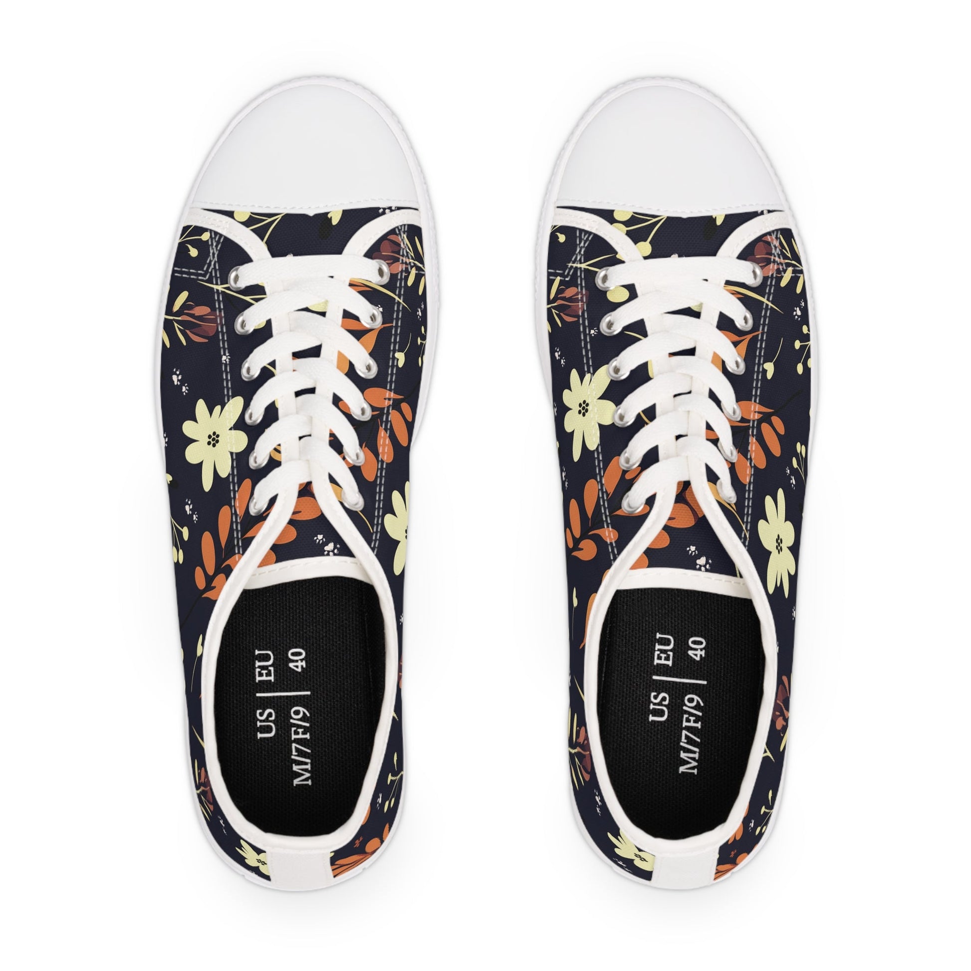 Women's Low-Top Trainers featuring Dark Blue Boho Flower & Paw Print Design - Hobbster