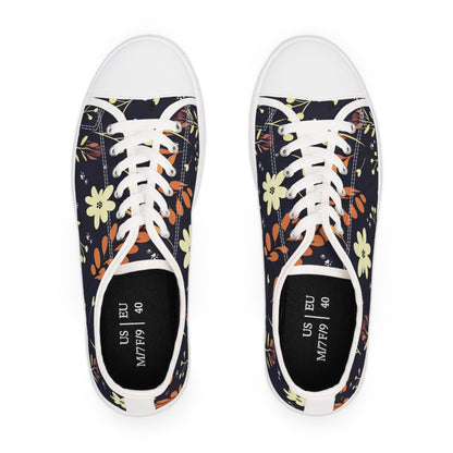 Women's Low-Top Trainers featuring Dark Blue Boho Flower & Paw Print Design - Hobbster