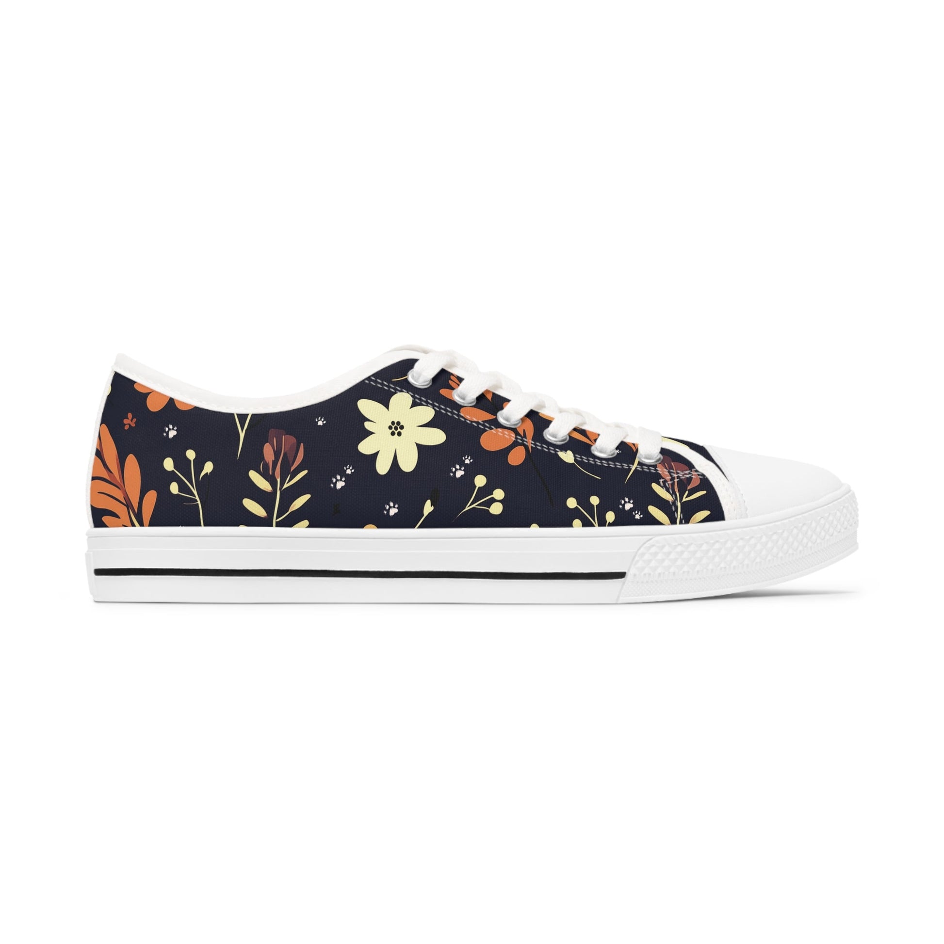 Women's Low-Top Trainers featuring Dark Blue Boho Flower & Paw Print Design - Hobbster