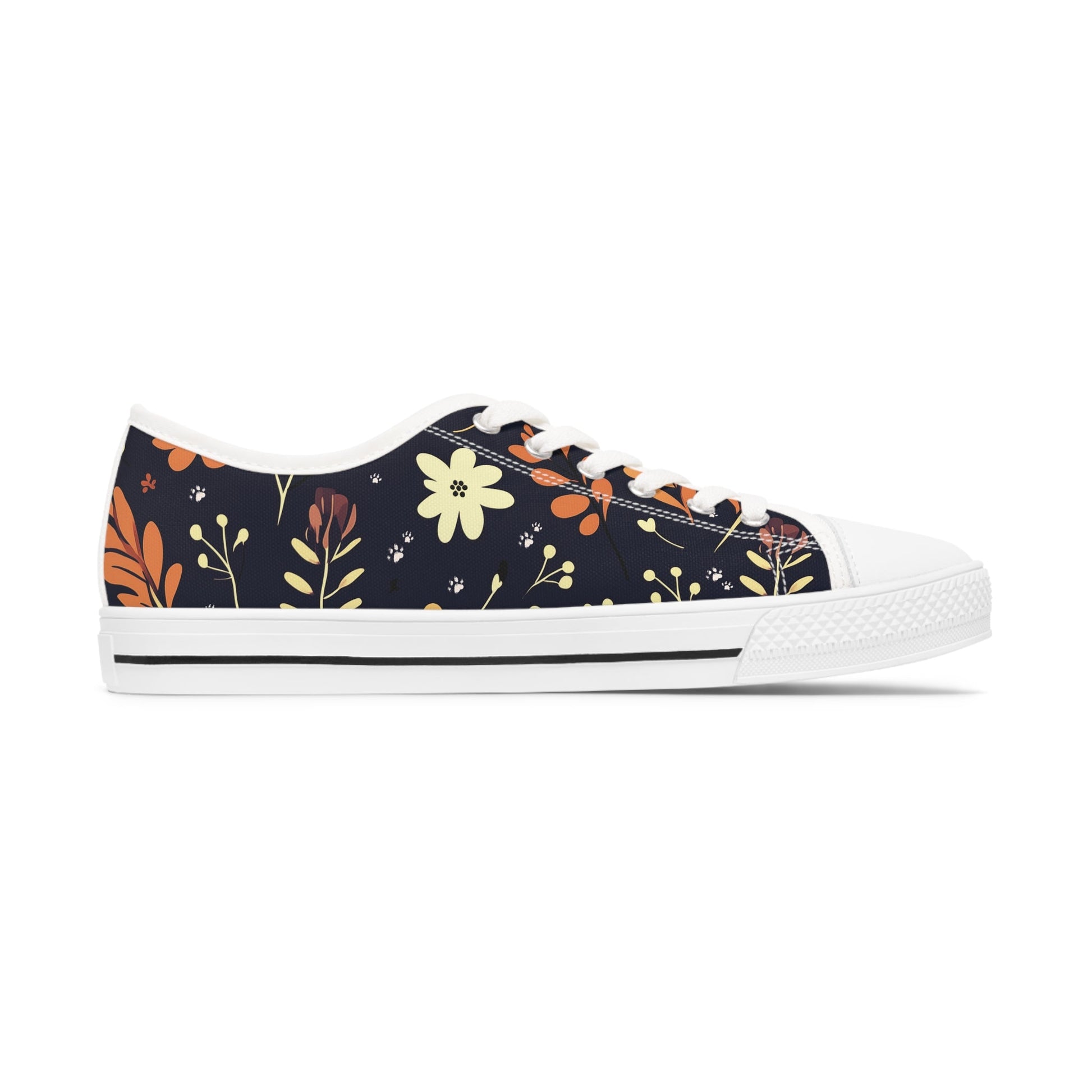 Women's Low-Top Trainers featuring Dark Blue Boho Flower & Paw Print Design - Hobbster