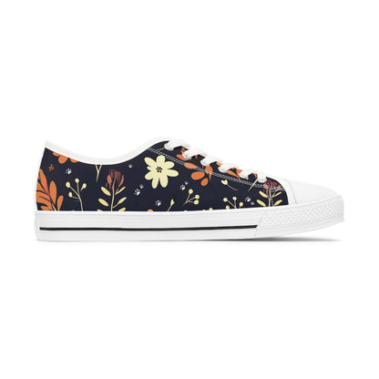 Women's Low-Top Trainers featuring Dark Blue Boho Flower & Paw Print Design - Hobbster