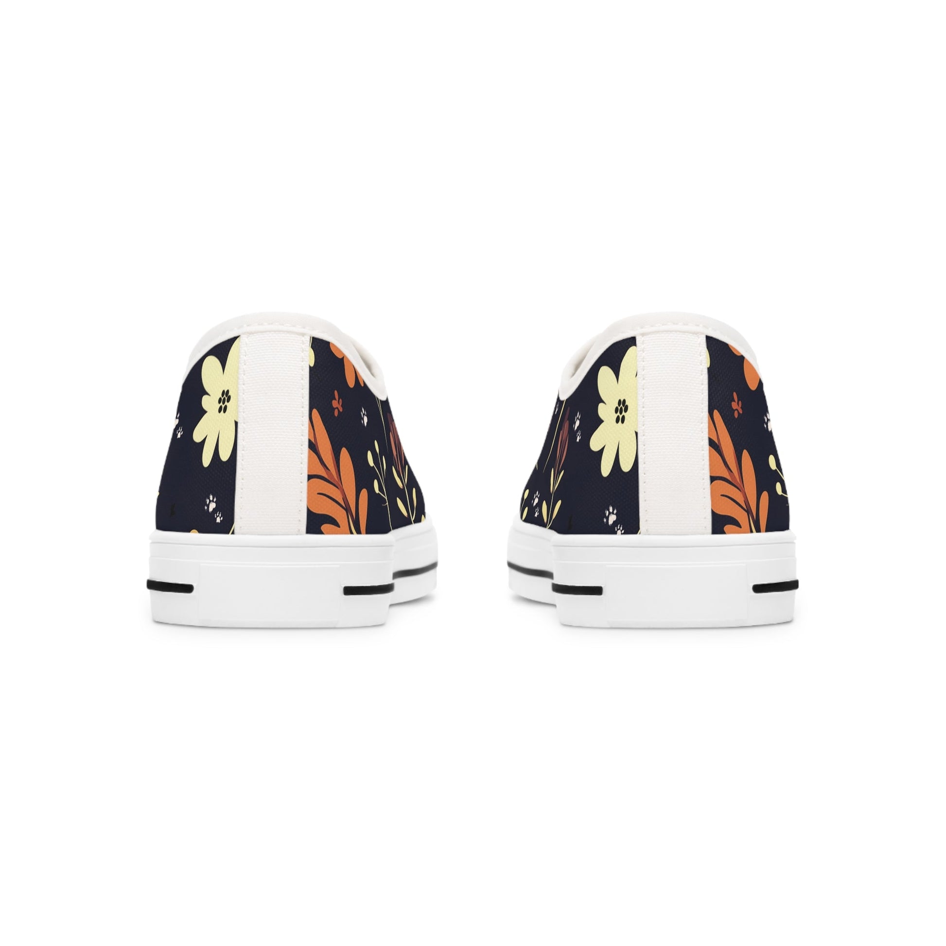 Women's Low-Top Trainers featuring Dark Blue Boho Flower & Paw Print Design - Hobbster