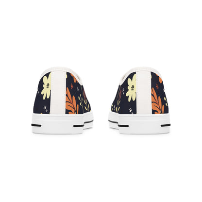 Women's Low-Top Trainers featuring Dark Blue Boho Flower & Paw Print Design - Hobbster