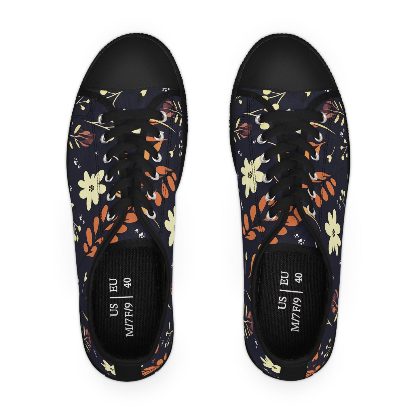 Women's Low-Top Trainers featuring Dark Blue Boho Flower & Paw Print Design - Hobbster
