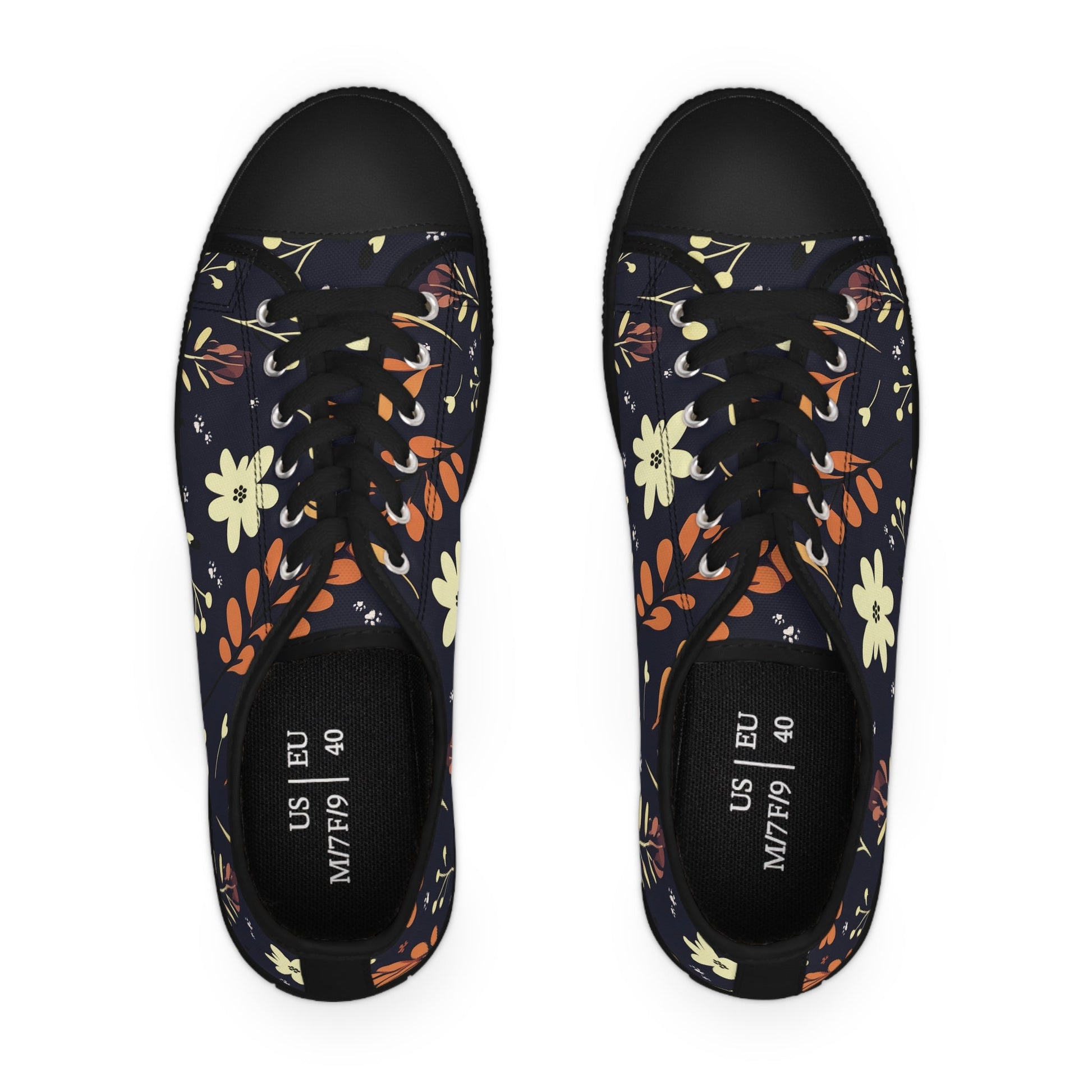 Women's Low-Top Trainers featuring Dark Blue Boho Flower & Paw Print Design - Hobbster