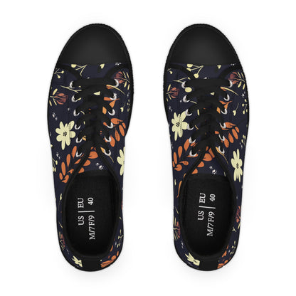Women's Low-Top Trainers featuring Dark Blue Boho Flower & Paw Print Design - Hobbster
