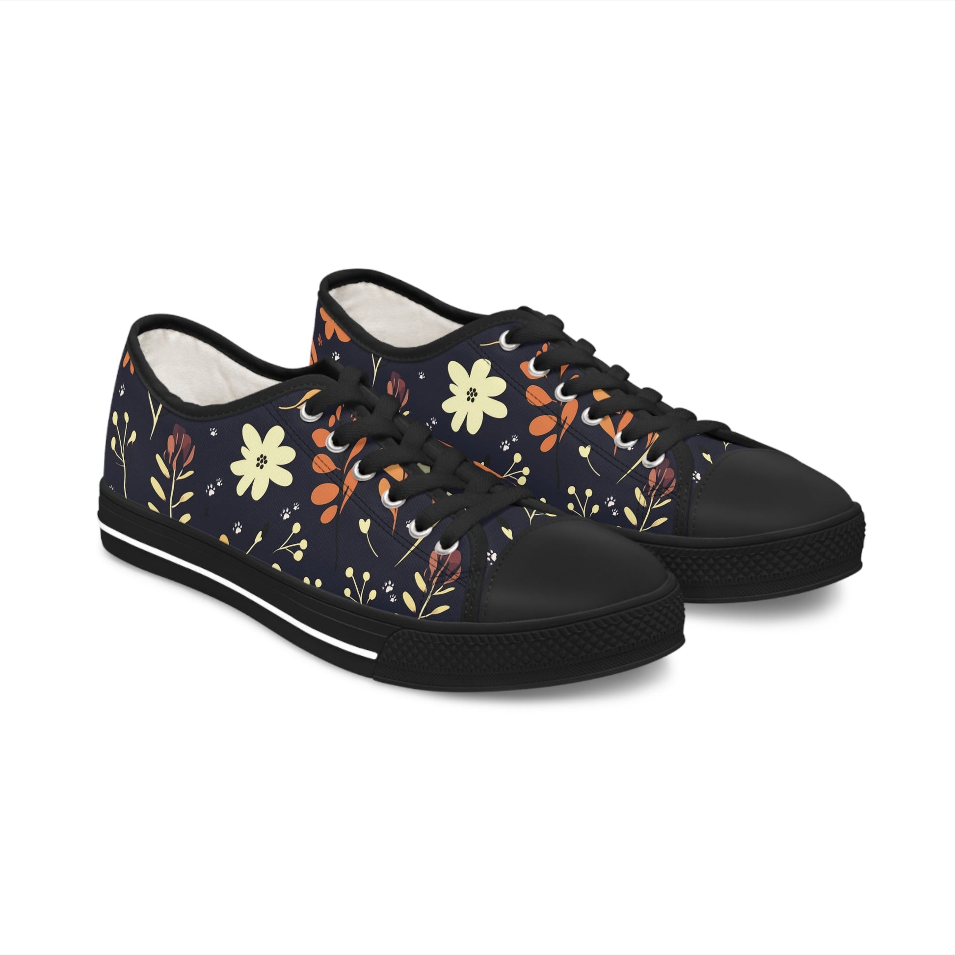 Women's Low-Top Trainers featuring Dark Blue Boho Flower & Paw Print Design - Hobbster